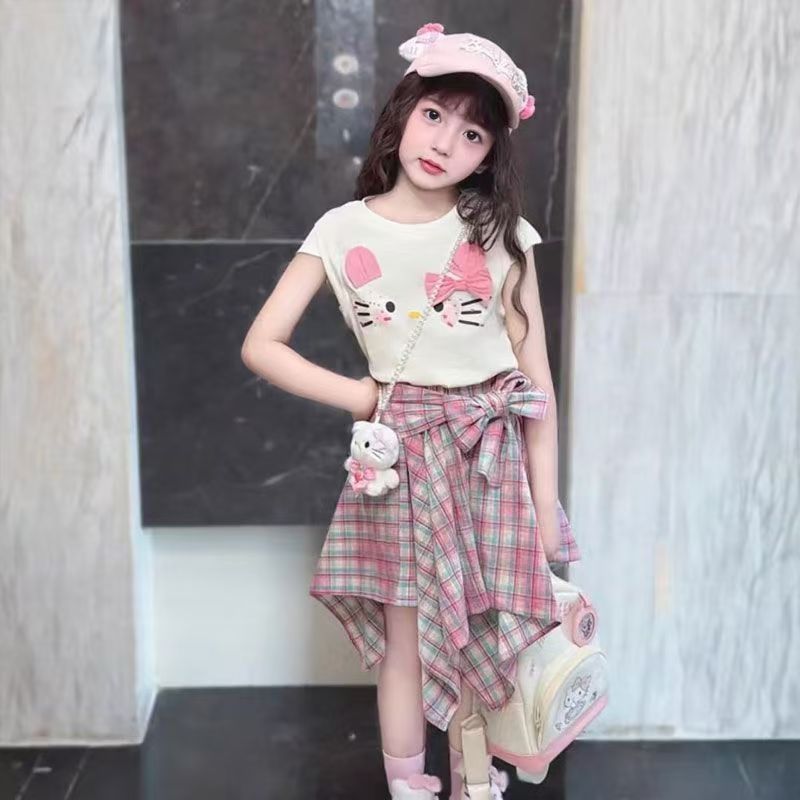 女童套装2025夏季新款中大童卡通拼接上衣不规则格纹半身裙两件套