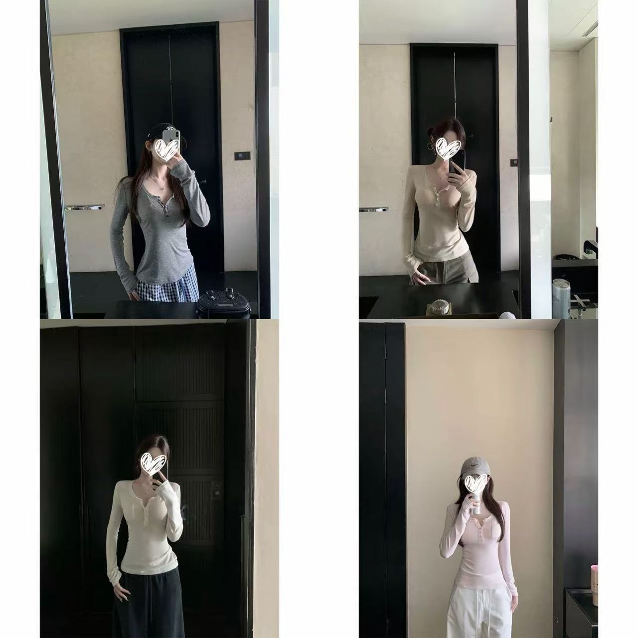 2025设计感纽扣纯色U领长袖T恤女装秋季新款修身显瘦百搭打底上衣