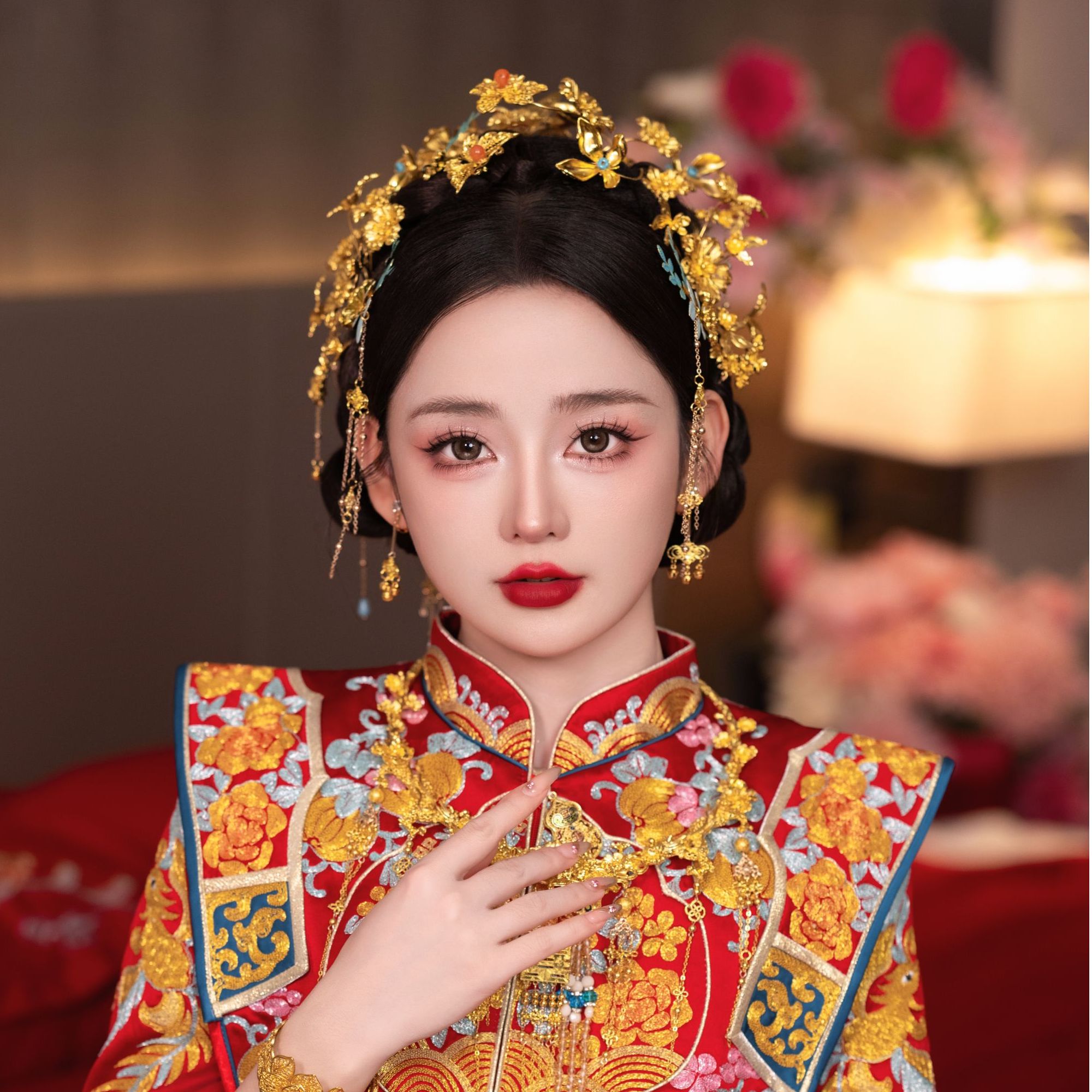 喜看优选15286新娘饰中式黄色古风汉服秀禾服龙凤褂流苏发饰品