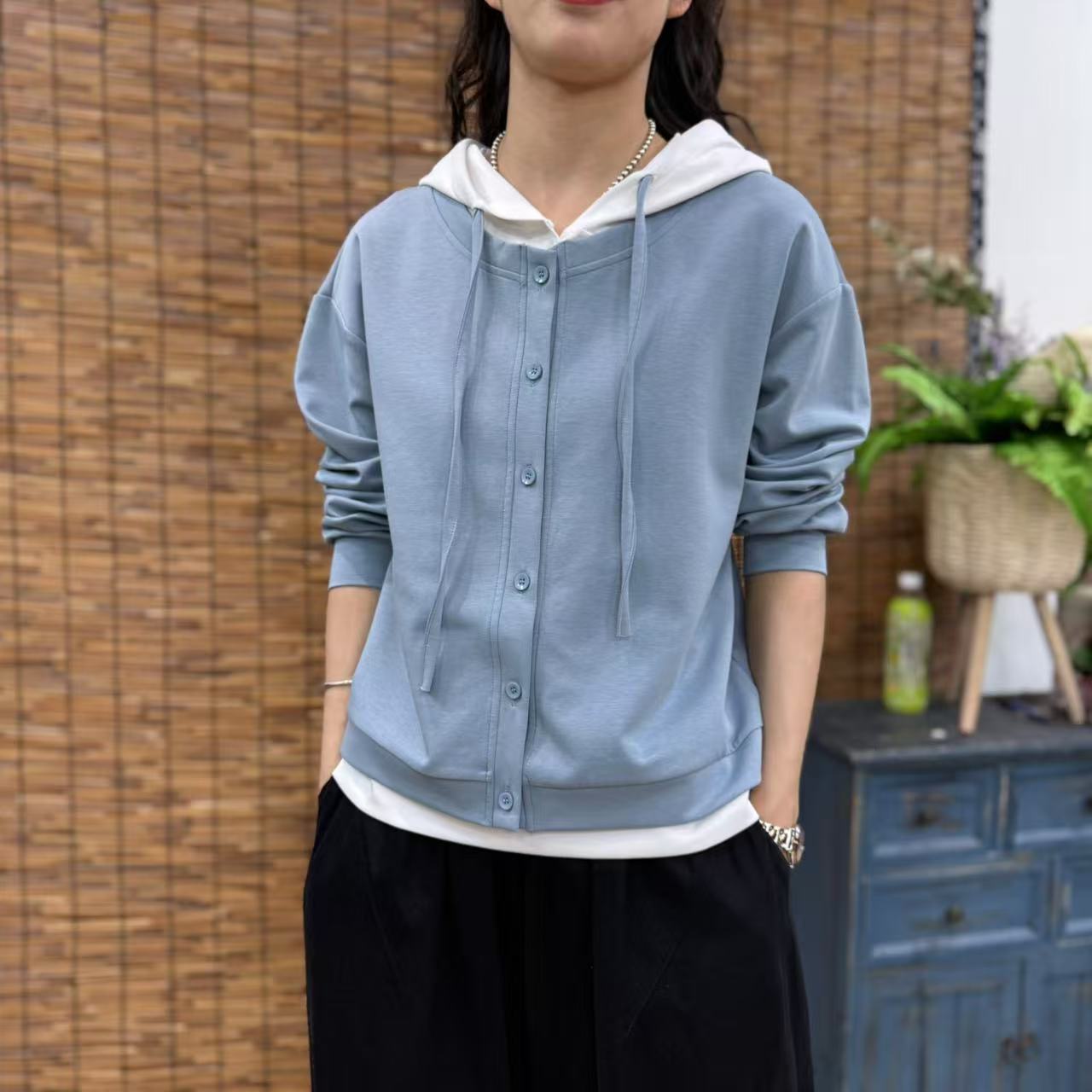 9740新款春夏休闲减龄假两件洋气长袖连帽T恤