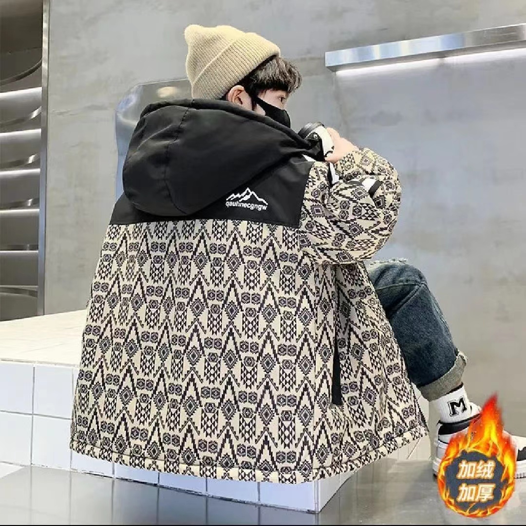 男童加绒外套秋冬款2025新款洋气中大童冬季加绒加厚儿童连帽冬装