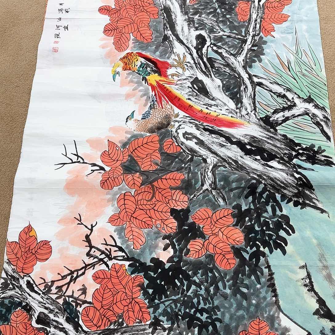 国画周凤源六尺花鸟朱