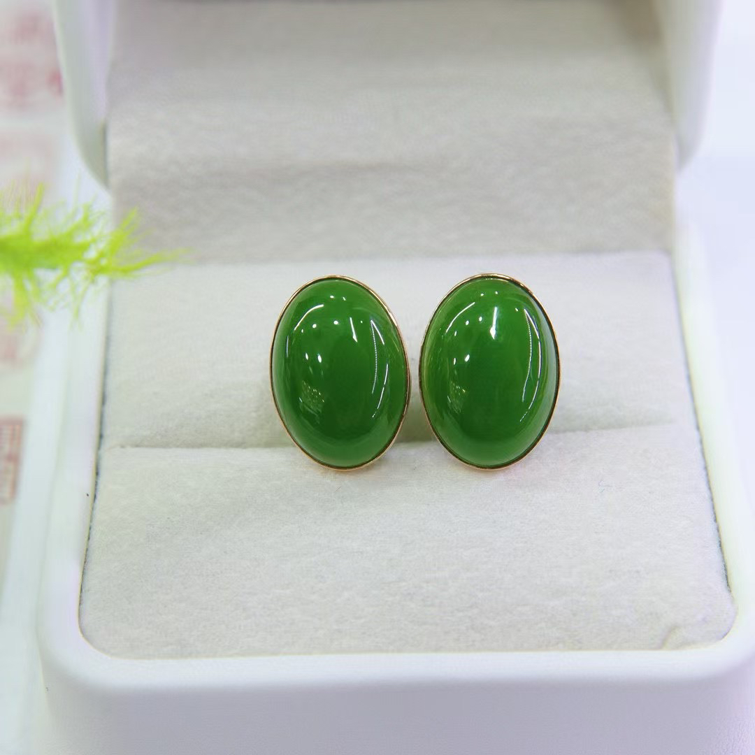 和田玉碧玉菠菜绿耳饰18k金镶嵌