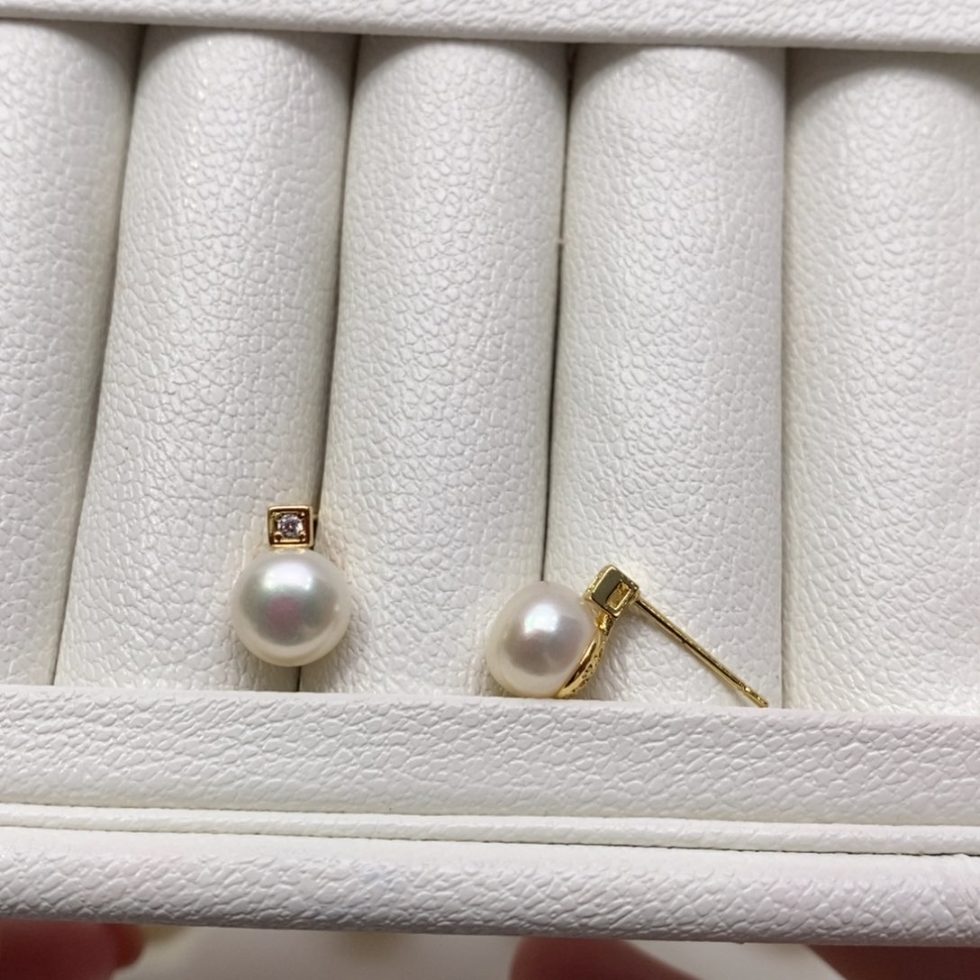 淡水珍珠耳饰银S925镶嵌8-9