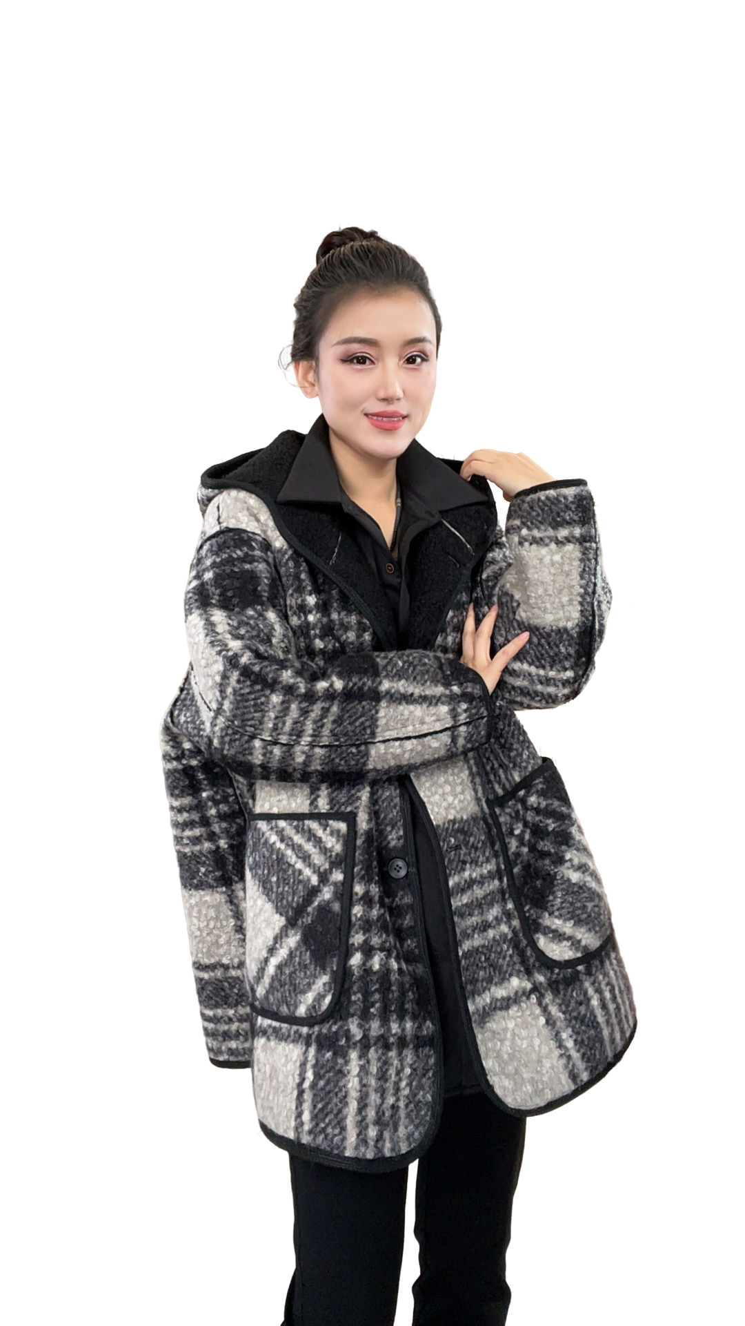 素格【9063】2025年冬季新款加厚格子连帽外套