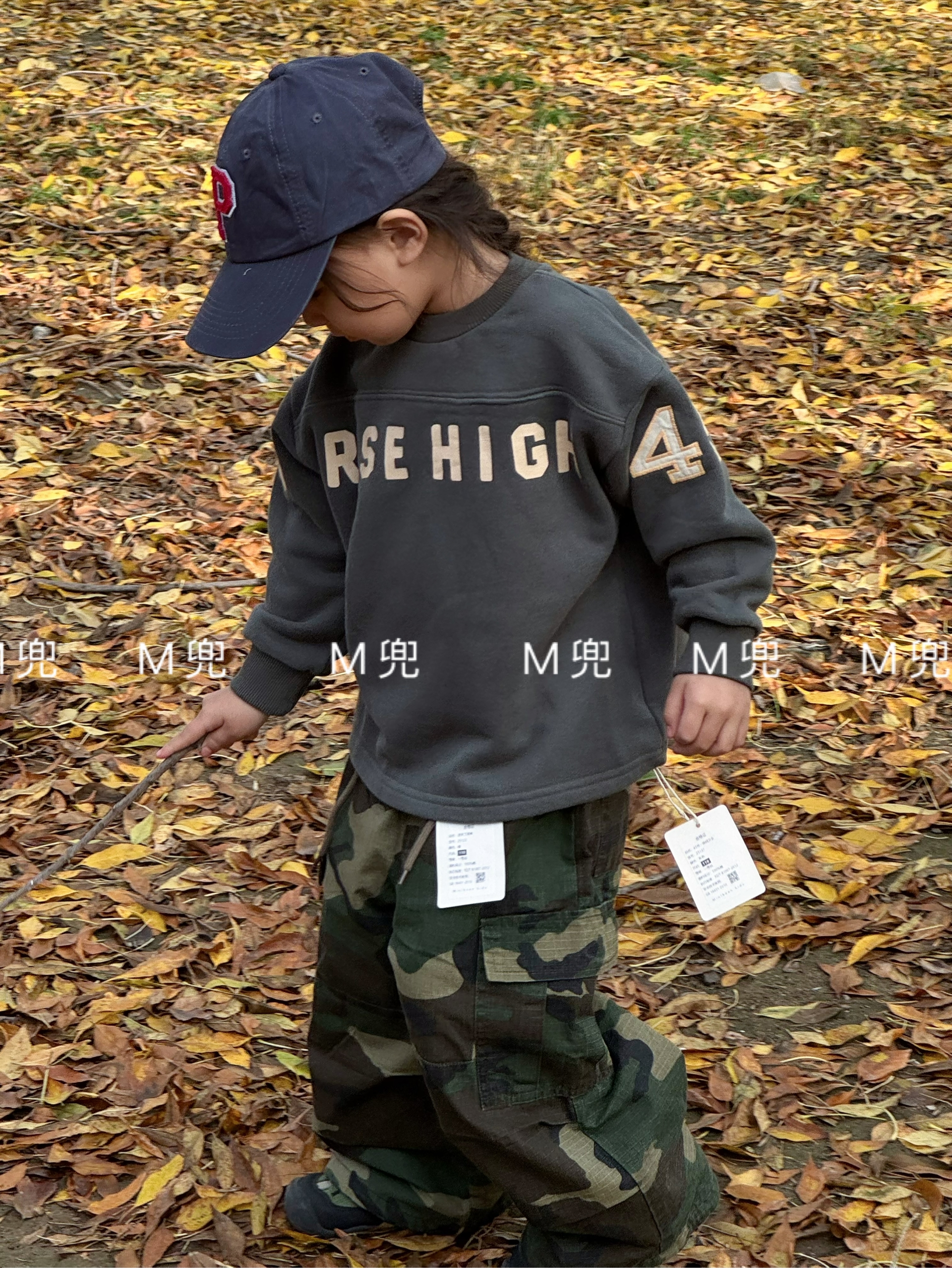 MD儿童日系一体绒卫衣2025冬季新款洋气贴布绣花拼色加绒上衣