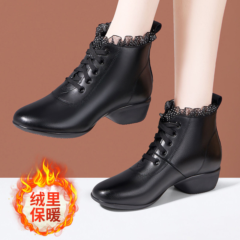 冬季加绒高帮跳舞鞋保暖百搭真皮舒适防滑软底妈妈鞋广场舞鞋靴子