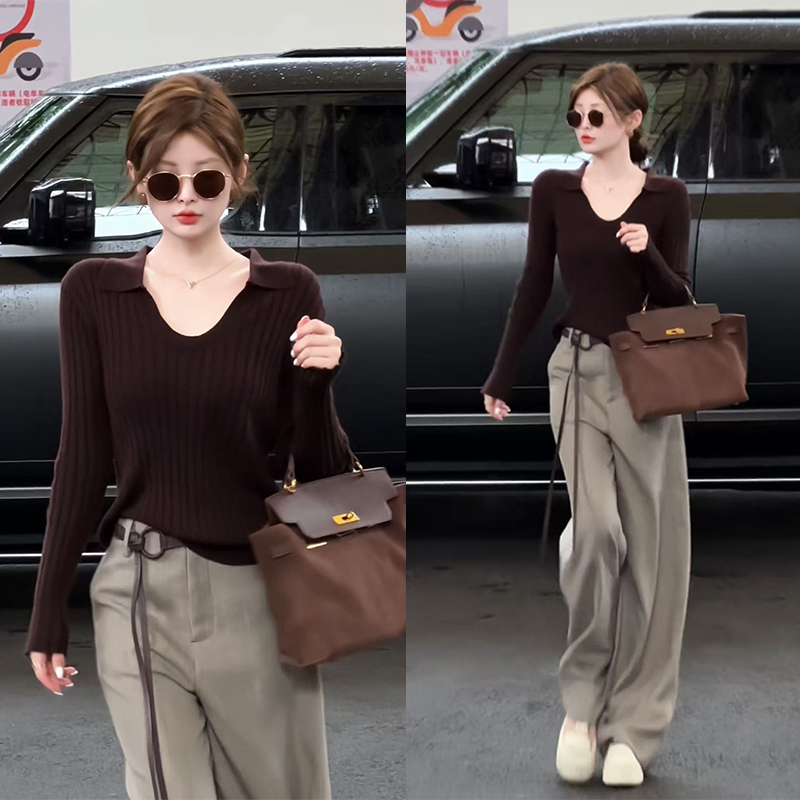 2025早秋新款轻奢高级感竖坑条纹长袖毛织上衣垂坠感直筒长裤套装