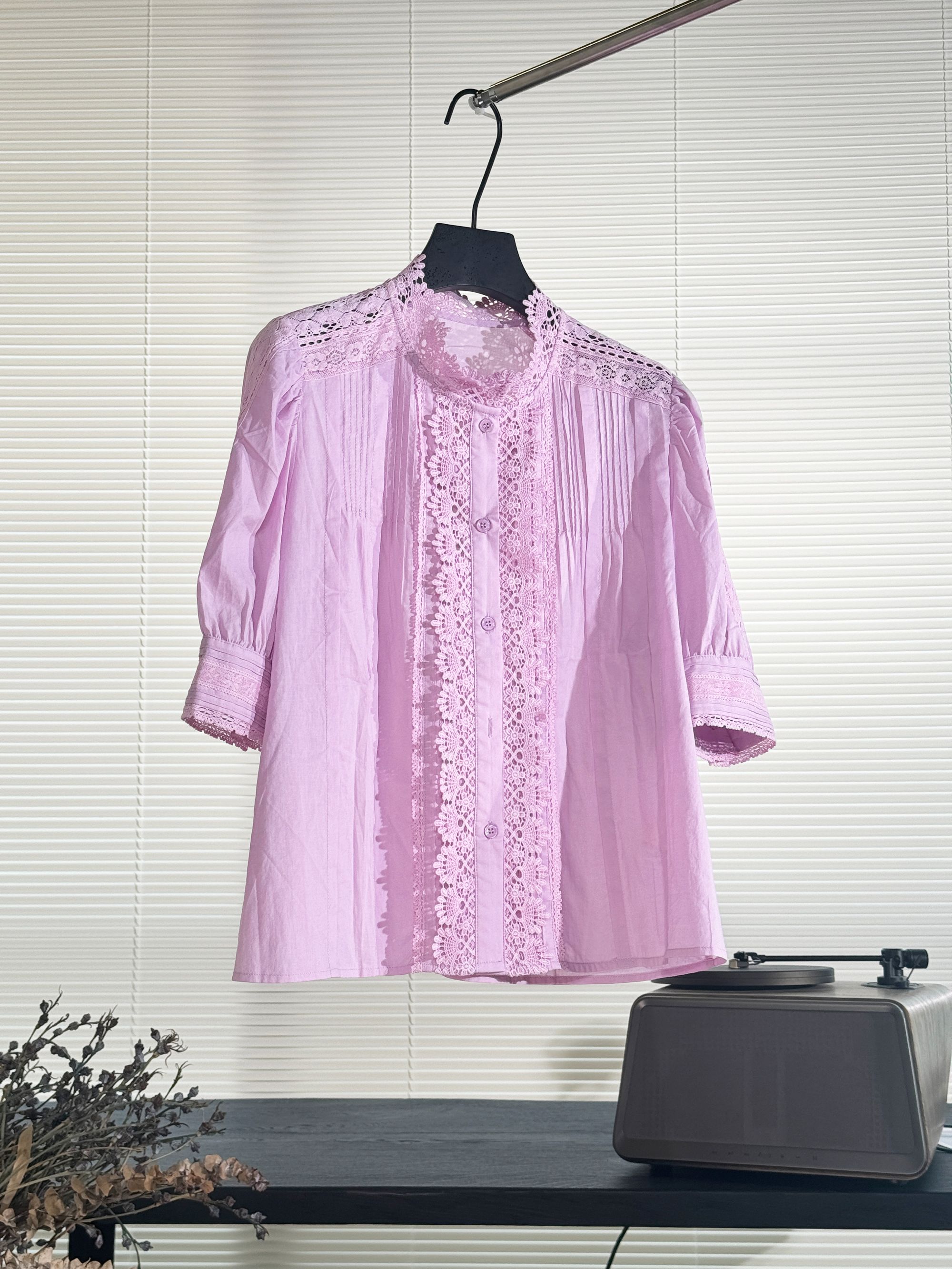 诺糸蓝色蕾丝立领衬衫女 2025 新款 褶裥泡泡袖浪漫优雅上衣7071