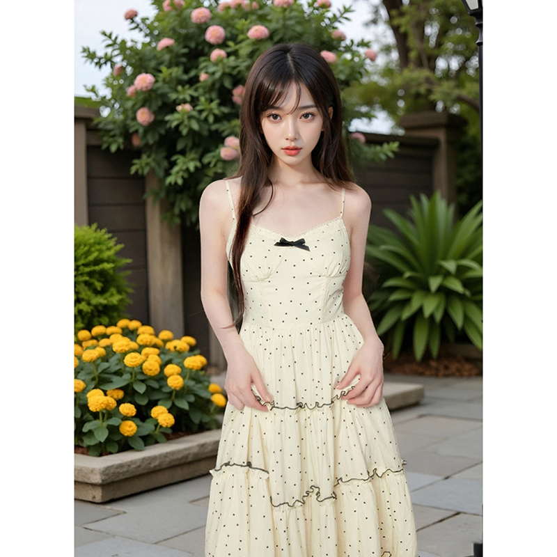 设计感 奶油云 温柔甜美杏色波点蛋糕长款连衣裙2024夏季新款