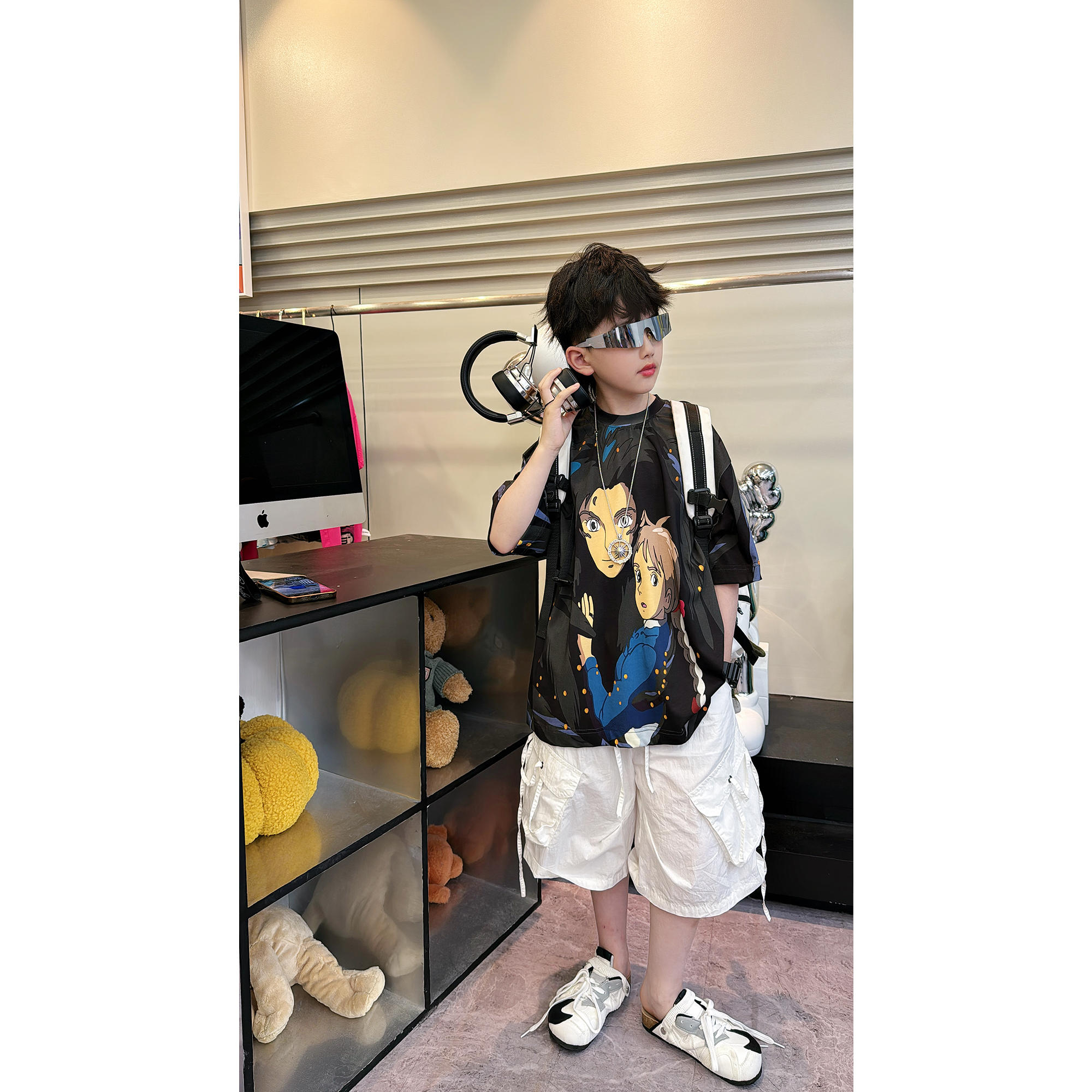 蛋蛋家【拥抱】夏款时尚街头男童黑色卡通满印印花短袖T恤