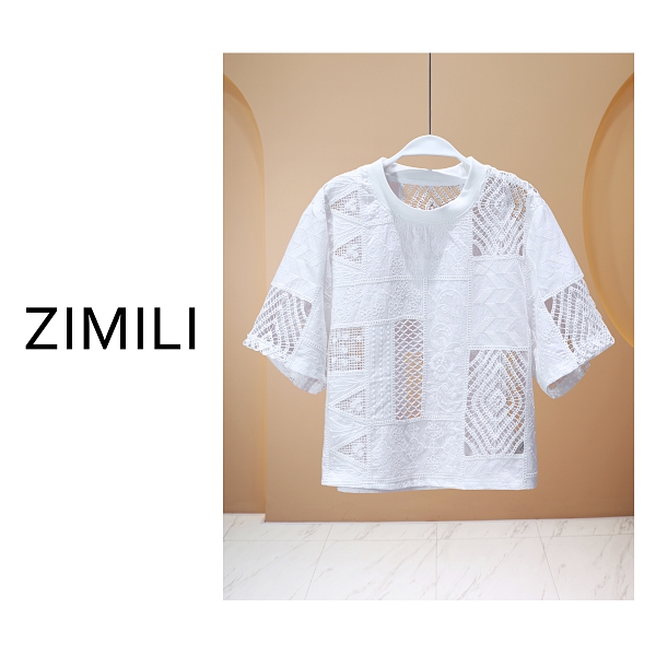 【亮哥女装】2025欧版《凝露》月光白拼贴镂空绣线气质短袖8996-B3