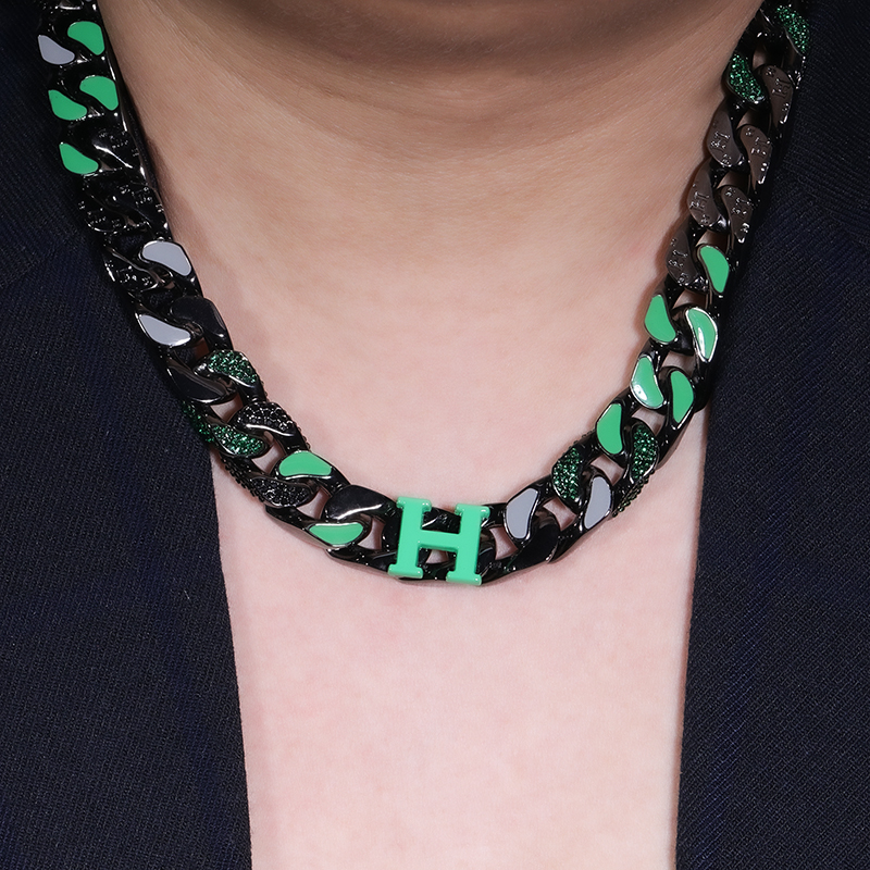 铜合金珐琅项链 嘻哈镀18k古巴时尚绿色古巴h标项链 大方送男友