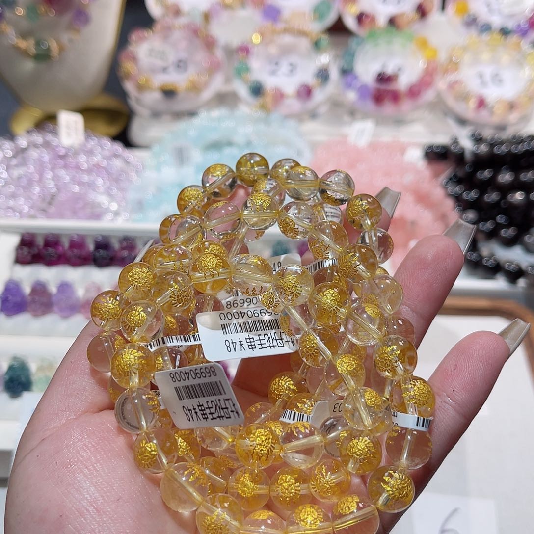 水晶手链银S925镶嵌金色牡丹手链