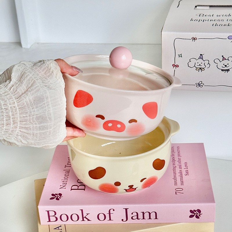 奶油风格粉小猪奶油狗陶瓷防烫设计家用泡面碗