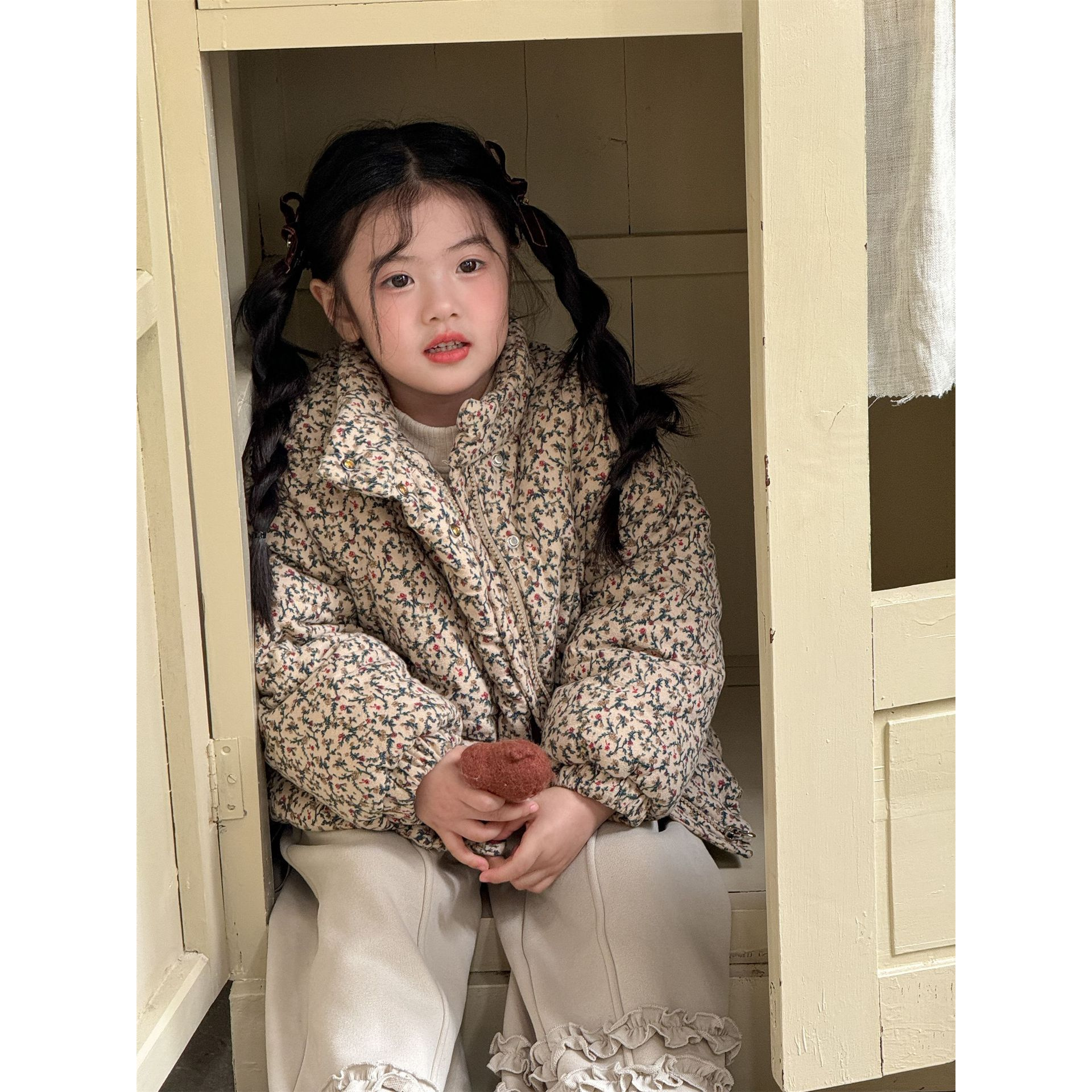韩系女童夹棉加厚碎花棉服百搭洋气上衣外套