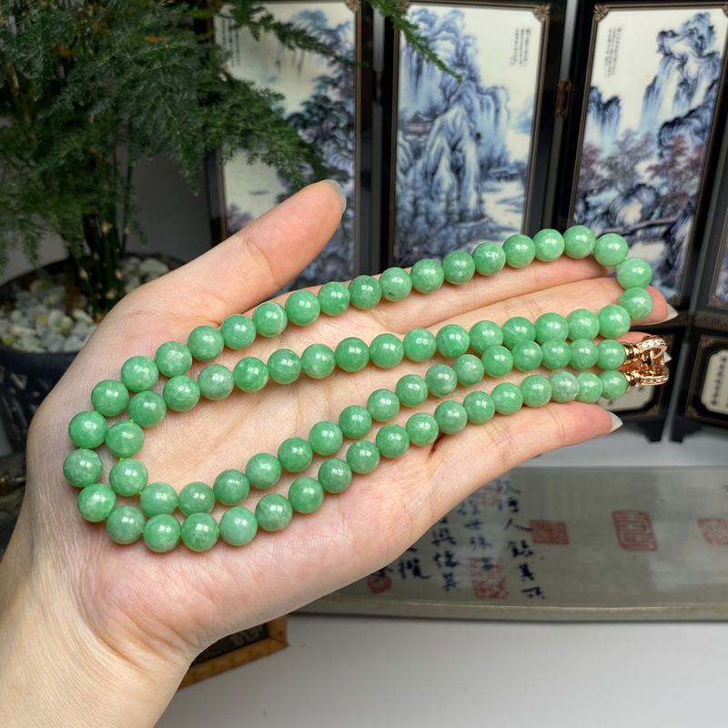甜绿满色圆珠塔链项链 天然翡翠A货