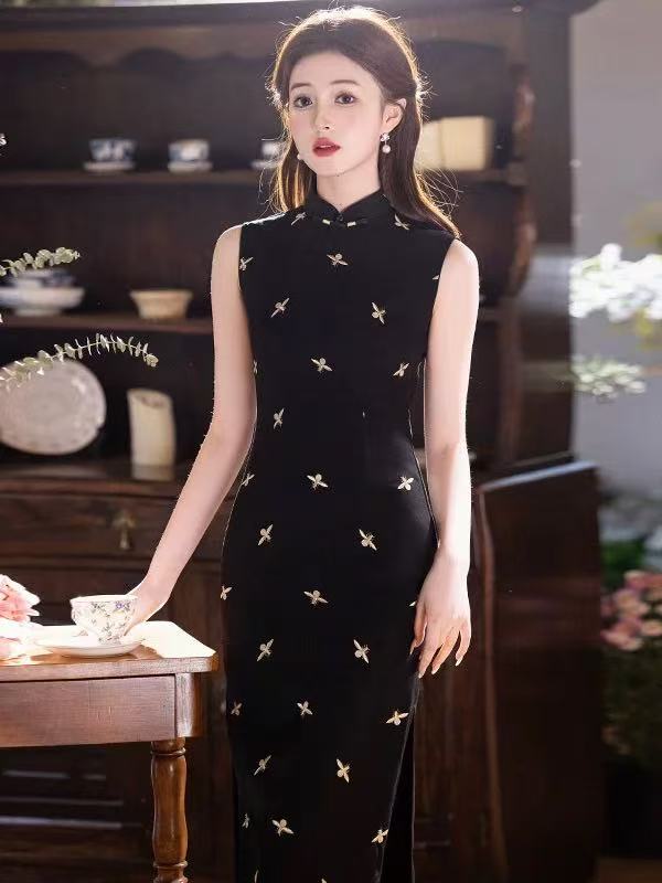 Yuanzhan/媛站无袖前短后长旗袍日常立领旗袍修身名媛黑色