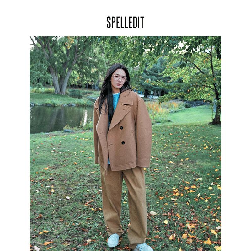 SPELLEDIT冬季新品双排扣宽领大衣气质西装英伦风毛呢外套女