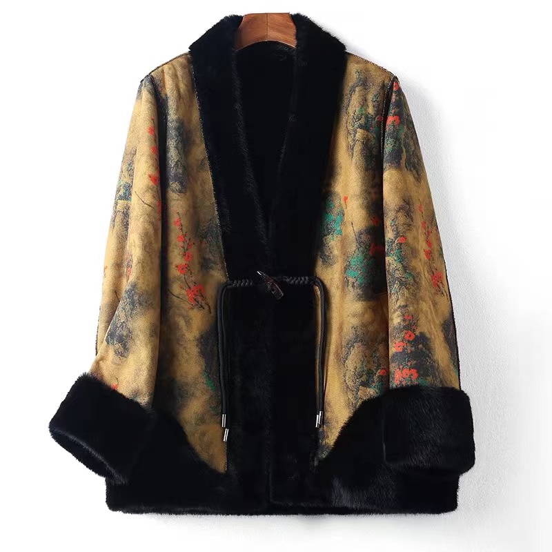 妈妈冬装皮毛一体外套女国风复古盘扣中老年貂绒皮草双面穿大衣