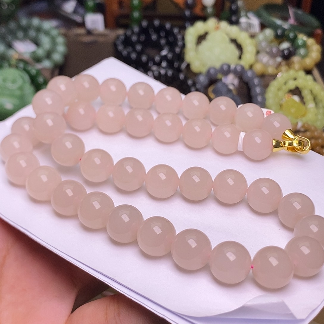 和田玉未镶嵌熟藕粉脂膏红粉项链12.5mm