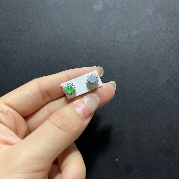 天然缅甸翡翠A货太阳花冰紫阳绿AB色耳钉