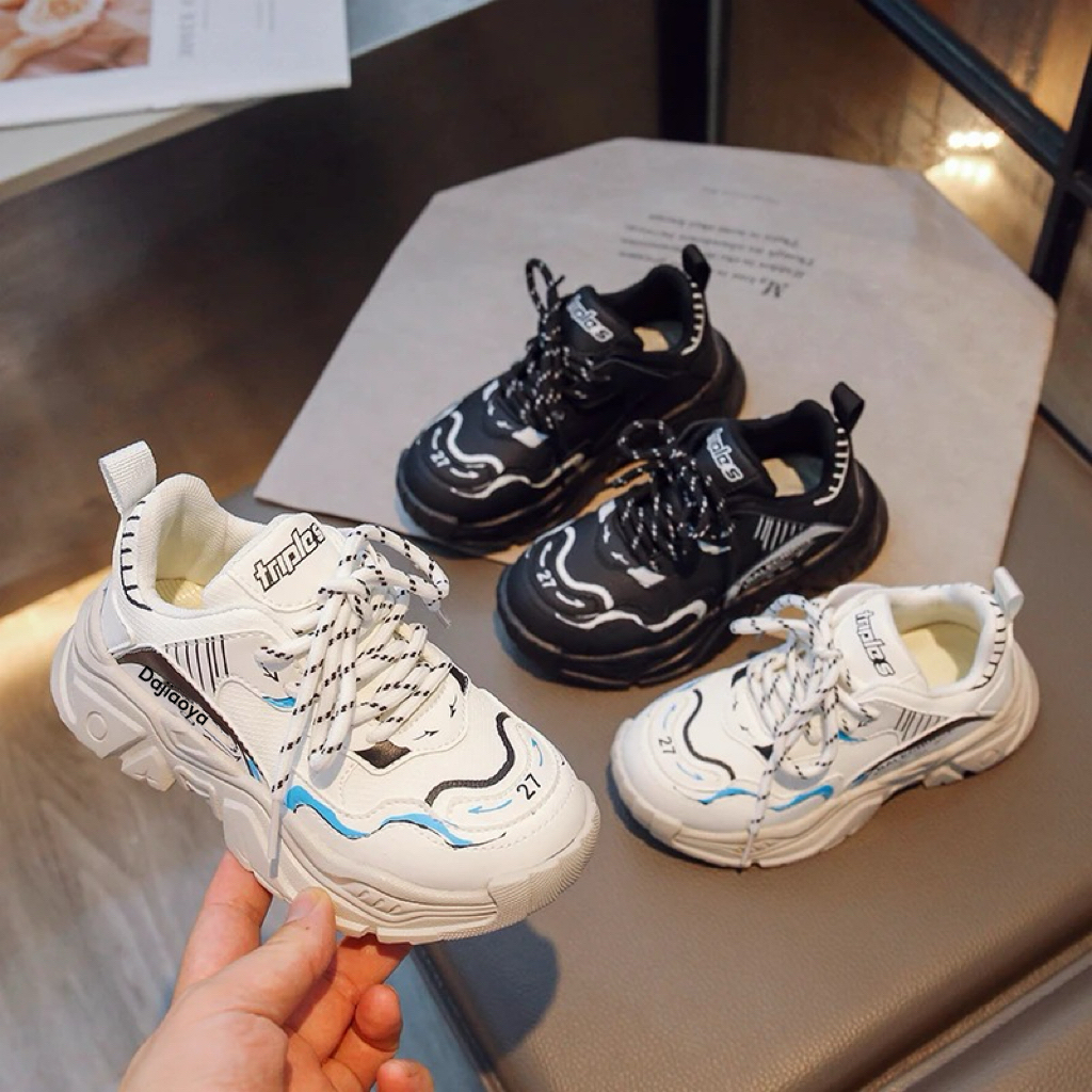 新款2025秋季男童时尚软底皮面魔术贴老爹女童巴黎运动跑步鞋5703