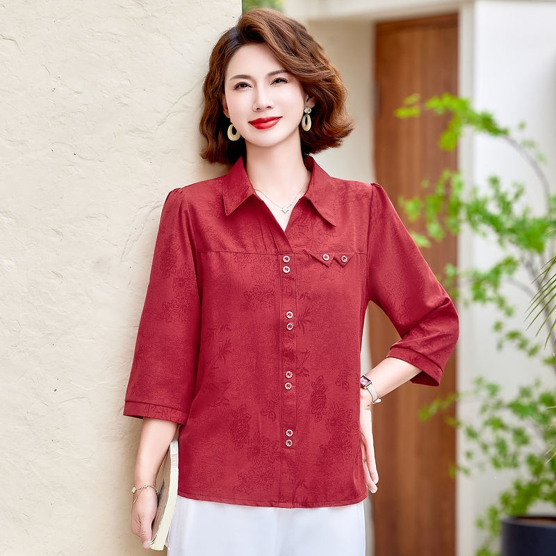 9037夏季妈妈休闲翻领印花洋气套头衫中老年女遮肚显瘦七分袖小衫