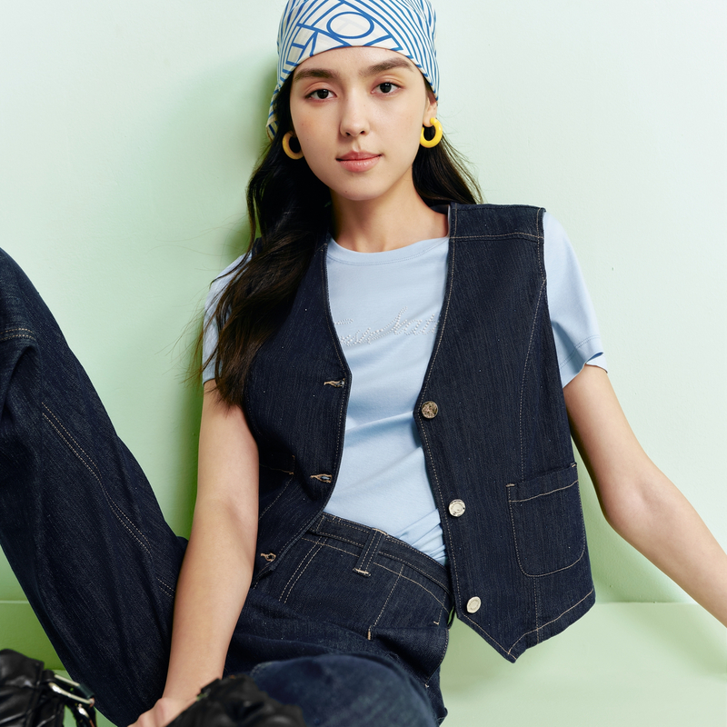 FS都市摩登V领工装风宽松原牛色牛仔马甲外套26春夏新款女装J071A