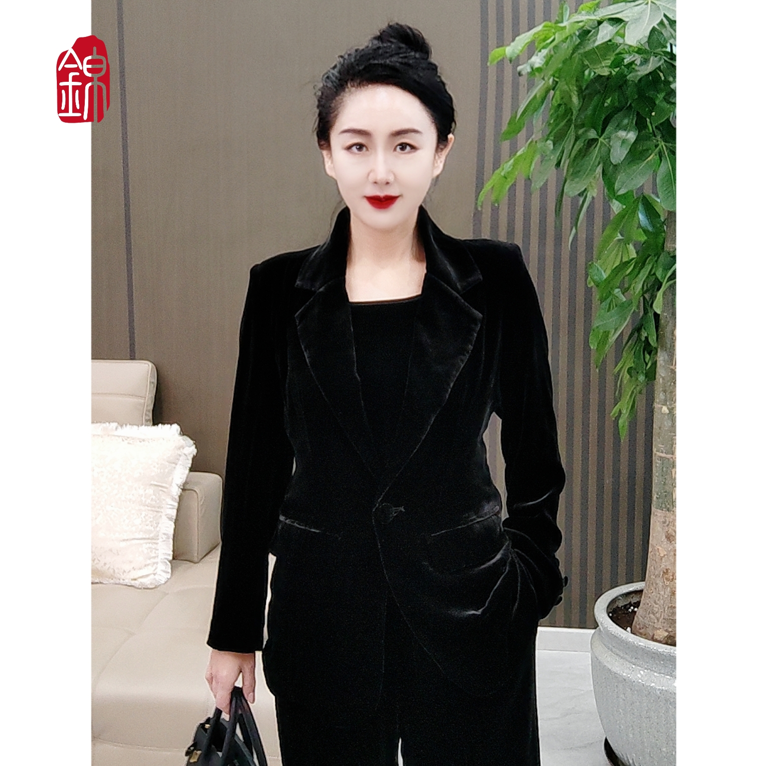 桑蚕丝丝绒修身净版收腰显瘦气质名媛网红长袖职业时尚西服外套