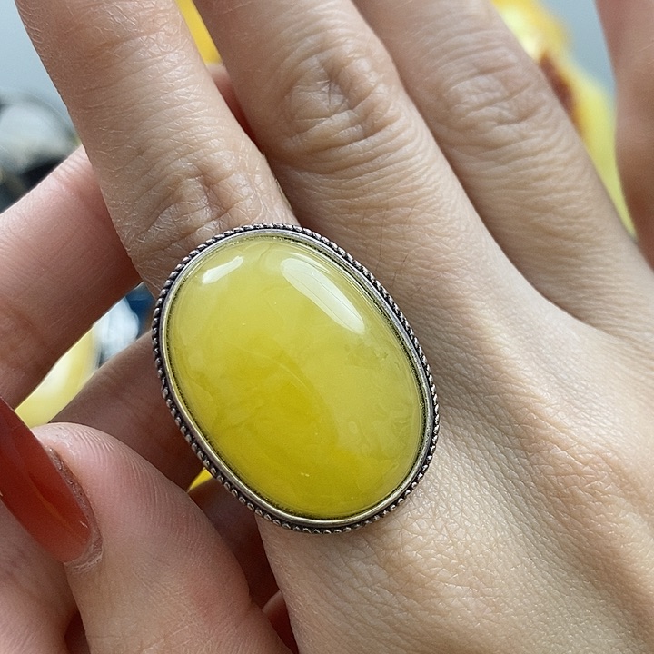 琥珀戒指银S925镶嵌戒指