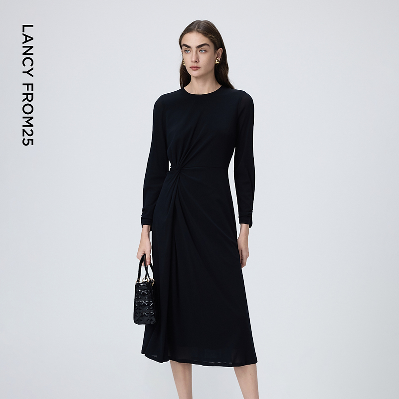 朗姿圆领捏褶修身简约设计感连衣裙气质通勤裙子女2026年春季新款