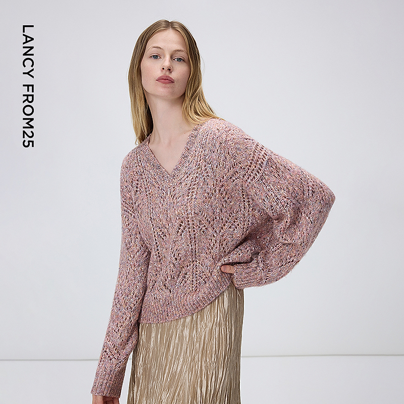 【艺术家联名】朗姿V领镂空肌理感毛针织衫通勤毛衣2026春季新款