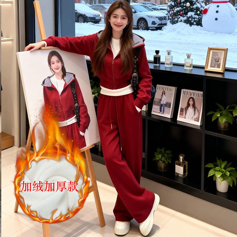 2025秋冬时尚休闲运动套装女洋气显瘦加绒气质红色减龄小个子套装