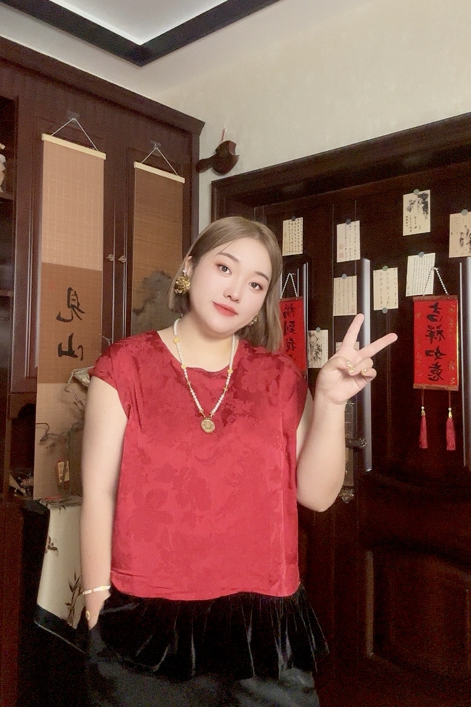 格格大码8207早秋高级感暗纹提花无袖上衣女拼接丝绒优雅气质休闲