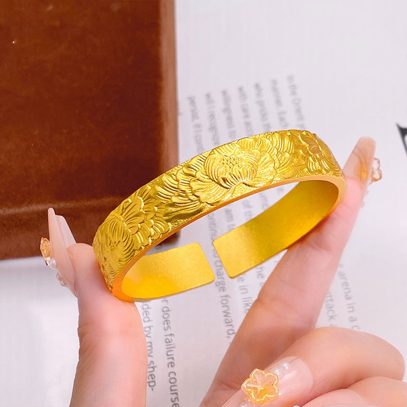 铜合金手镯  国色芳华宽面牡丹花开口经典大方简约百搭