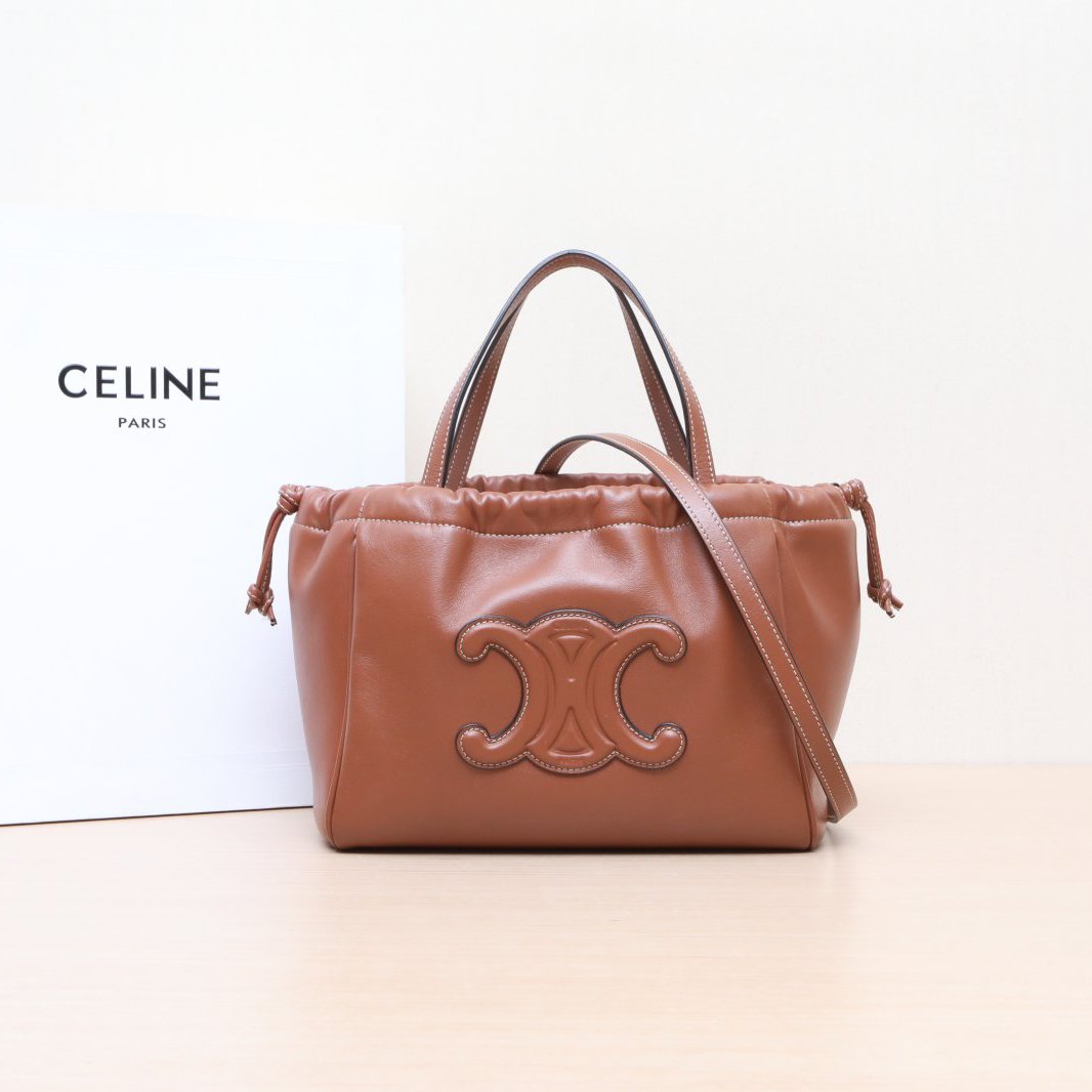 99新 Celine/思琳 小花6欢 棕色 皮革C 抽绳包 tote 小号