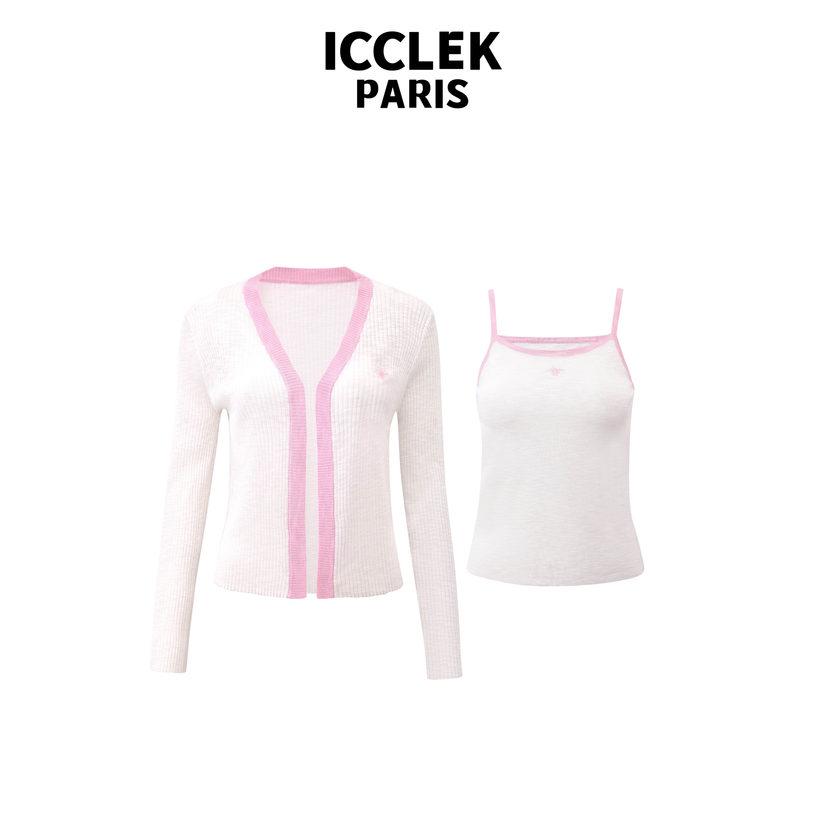 ICCLEK 春夏白色撞色针织长袖开衫套装 气质 轻奢 名媛 -5377