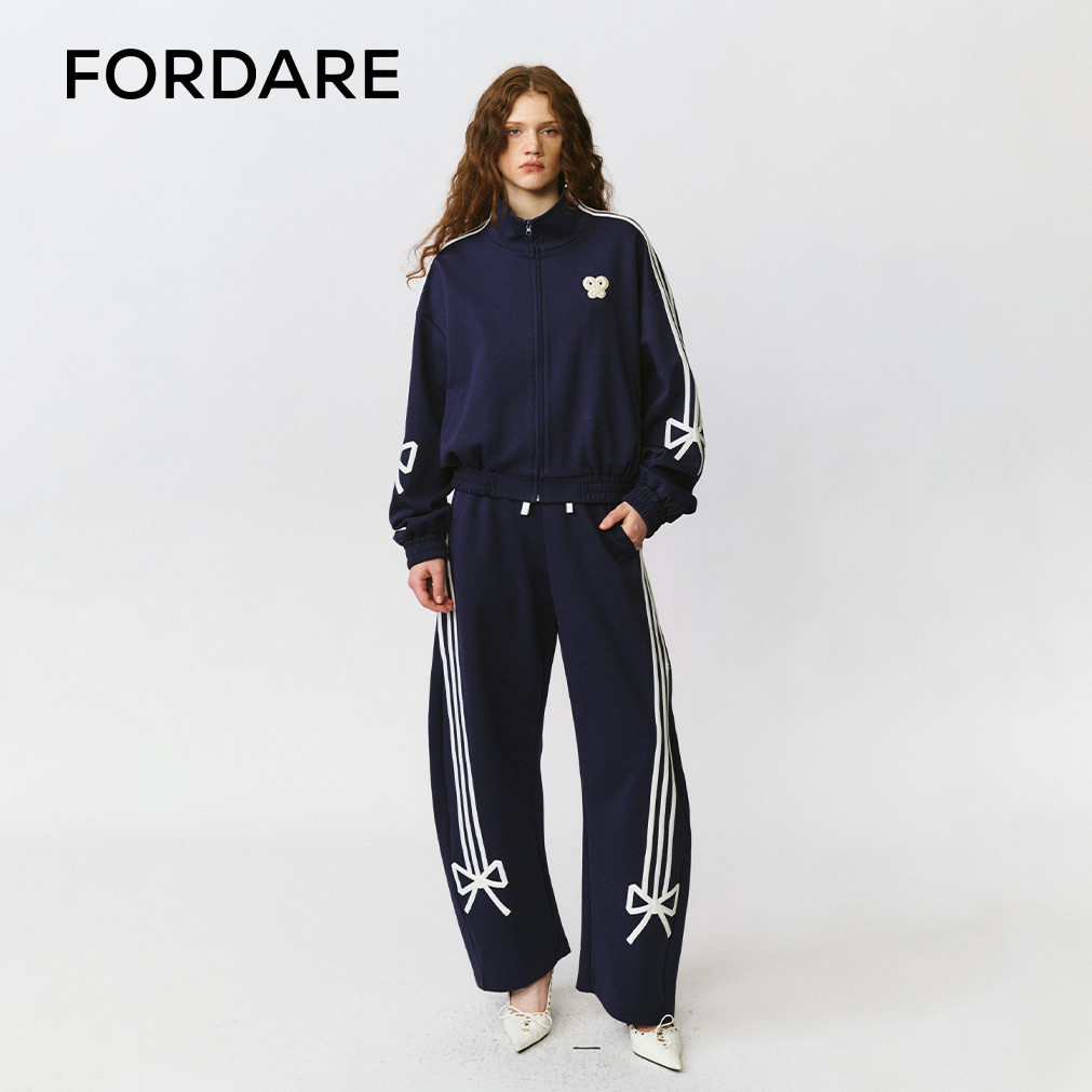 FORDARE/福蝶 25早秋新品藏青色蝴蝶结贴条运动外套长裤1143 1144