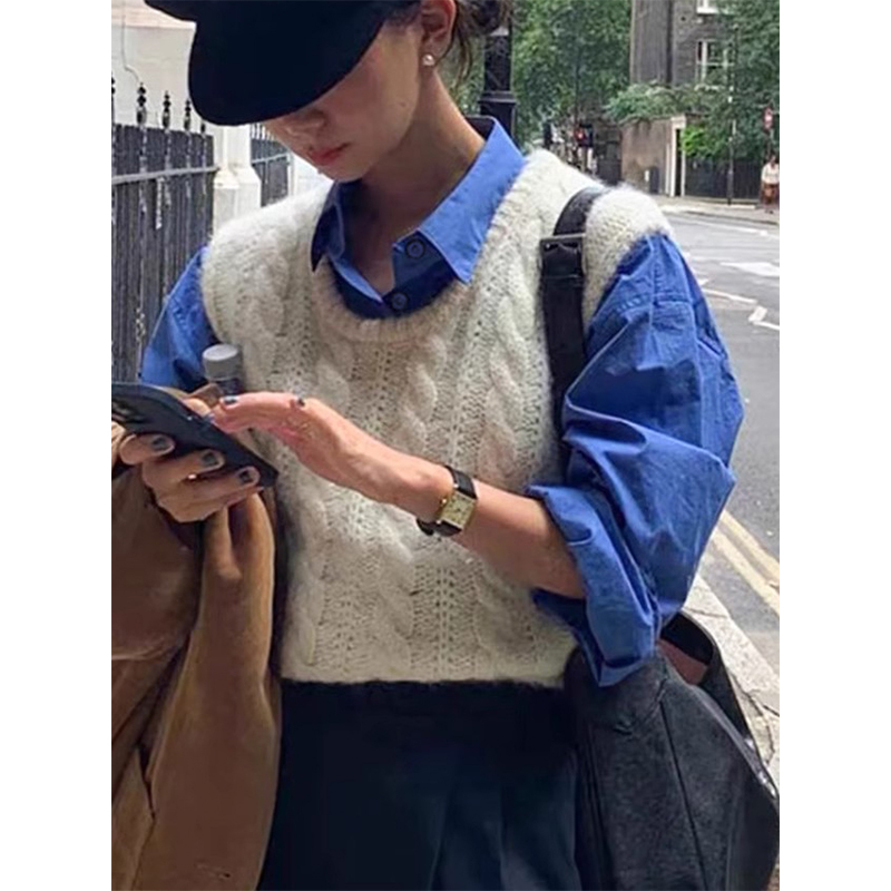 Miss sumey#Y3724#TB11001自制复古麻花无袖针织马甲+宝蓝色衬衫