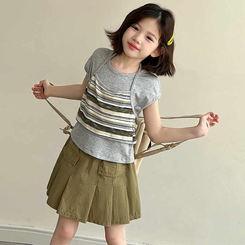 【爆款】女童洋气宽松条纹纯色假两件短袖T恤LTS100