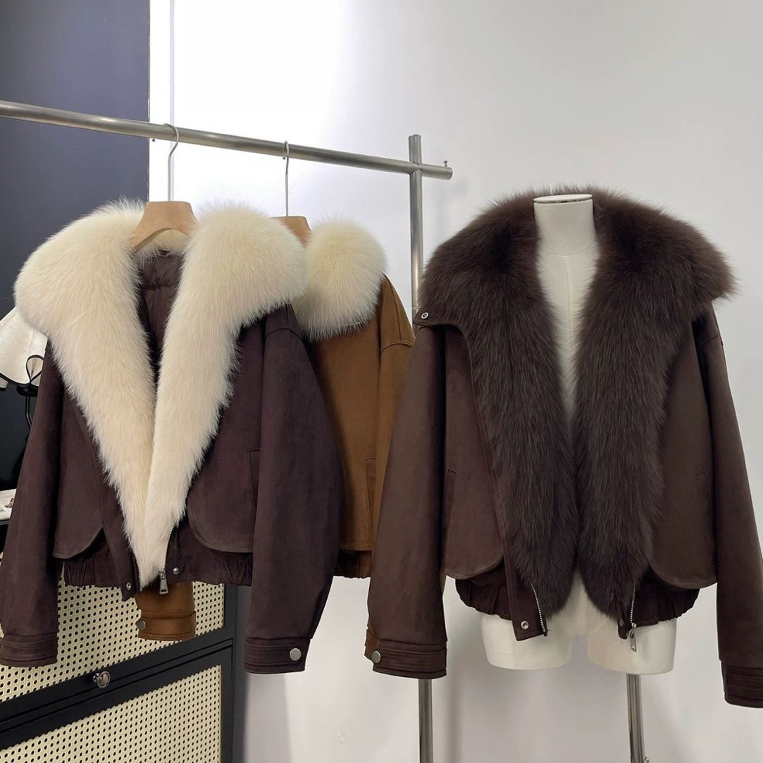 岱森家皮草派克服女鹅绒内胆可拆卸狐狸毛领麂皮绒羽绒服外套短款