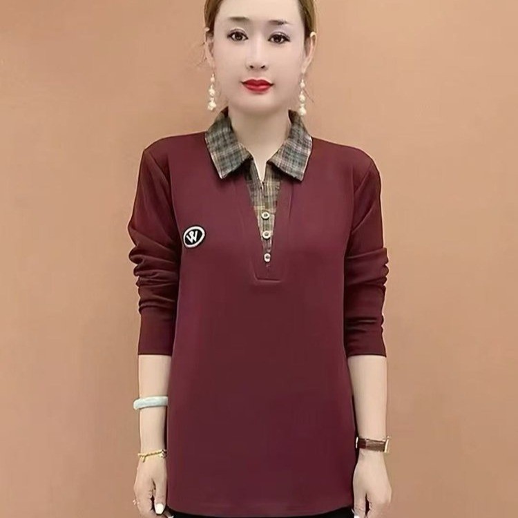 秋季新款时尚妈妈方领时尚大码洋气印花遮肚子显瘦长袖假两件小衫