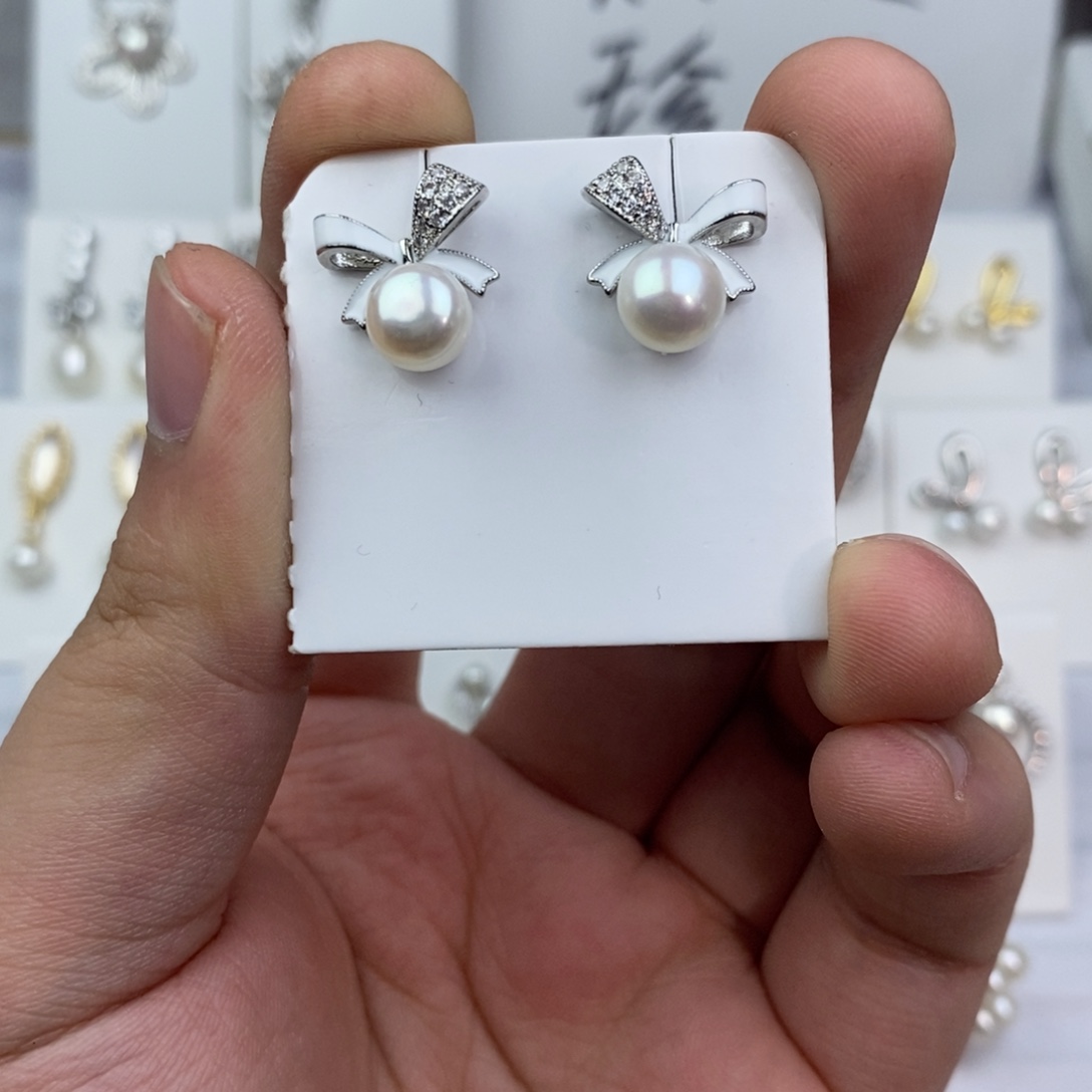 耳饰银S925镶嵌淡水珍珠