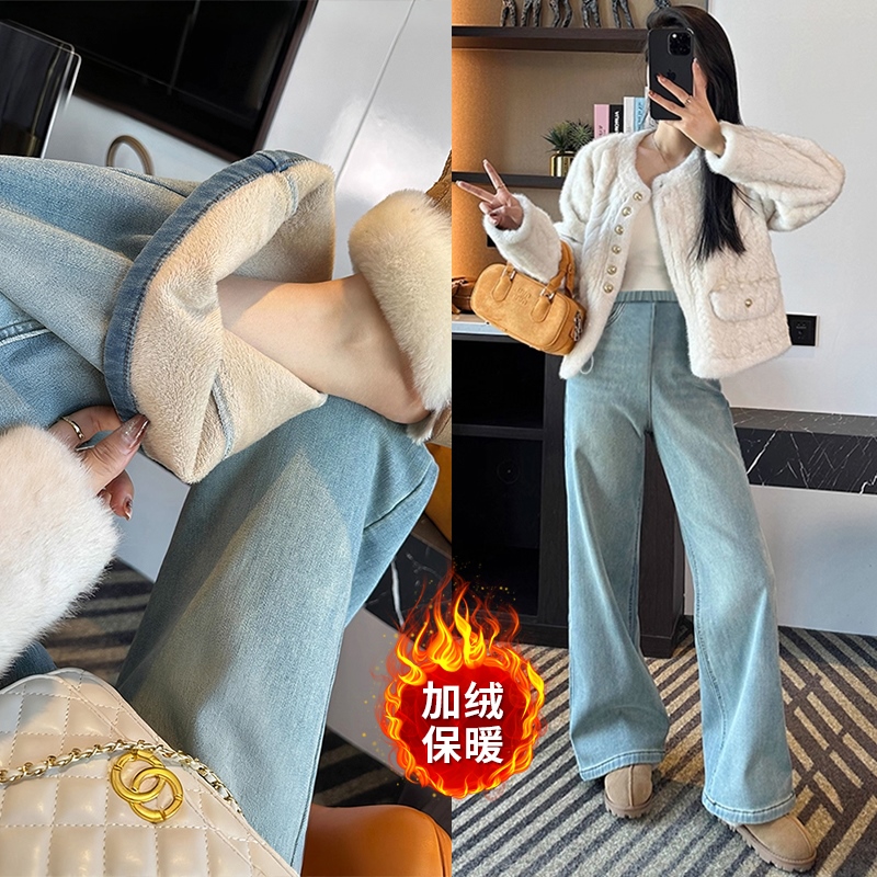  {新店开张}孕妇裤子秋冬季外穿加绒加厚不勒肚牛仔裤保暖直筒裤