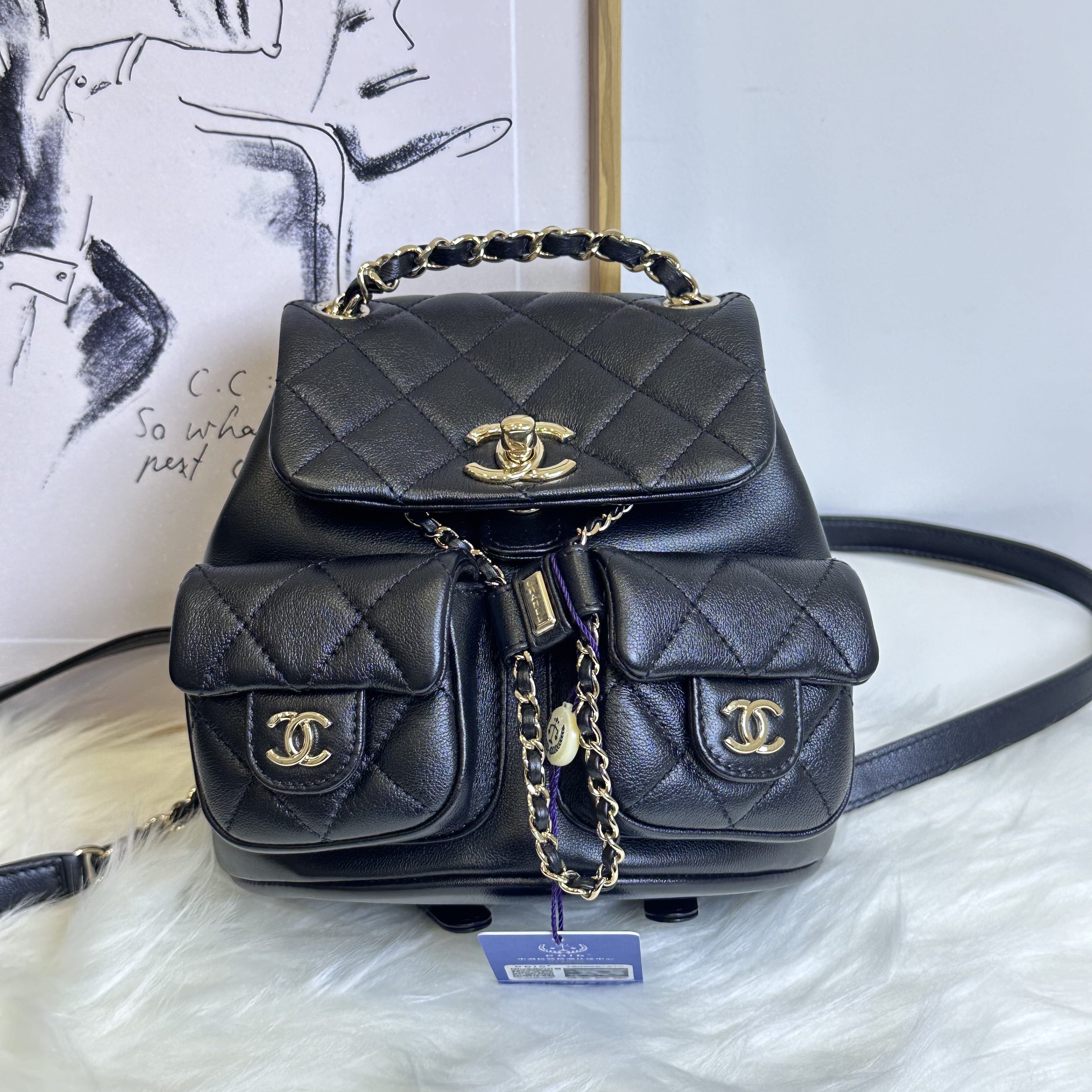 99新 Chanel/香奈儿 黑金牛皮青蛙Duma小号双肩包