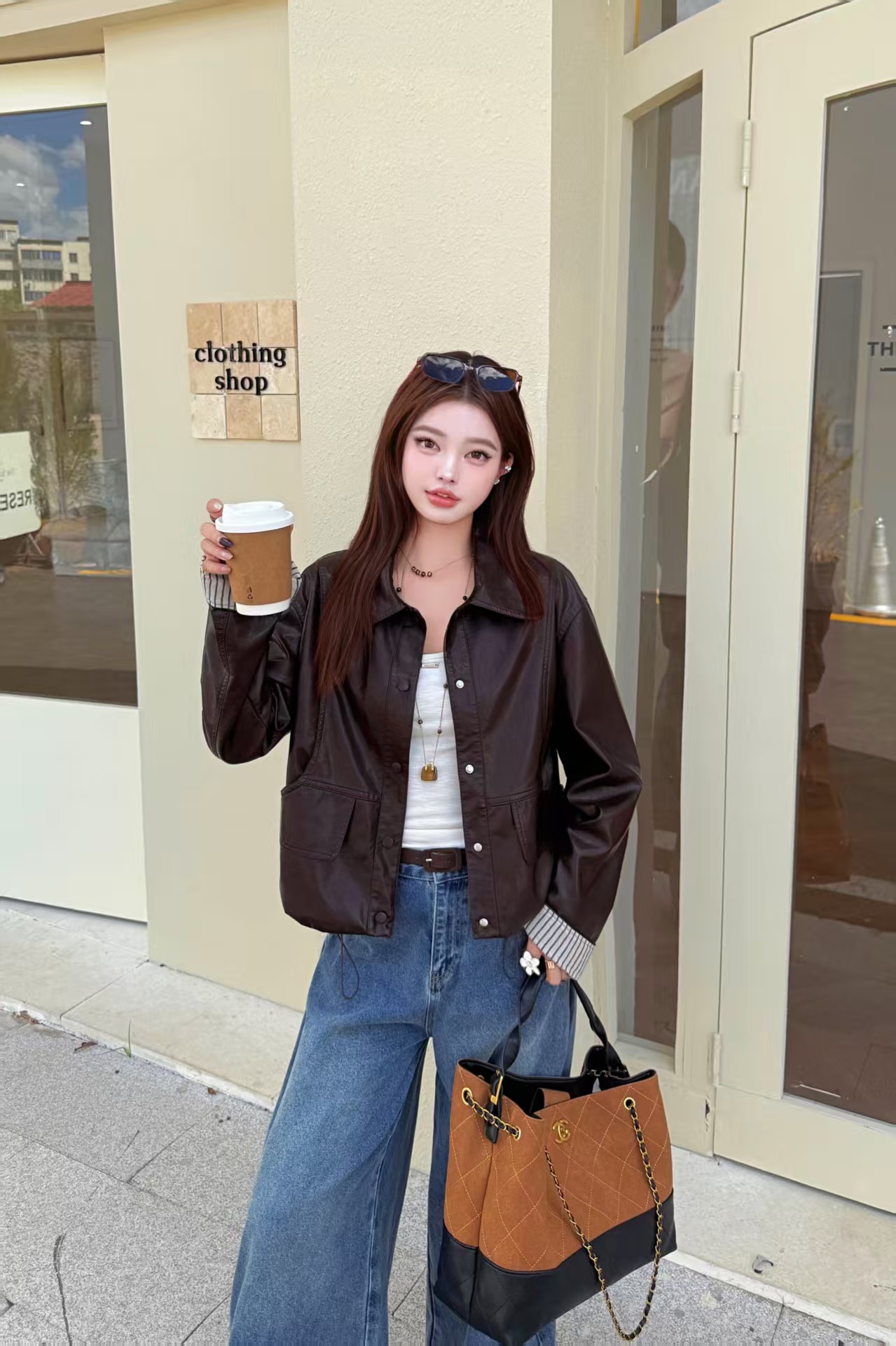 8101【衣长50】复古小翻领短款气质时尚皮衣服夹克外套上衣女秋冬