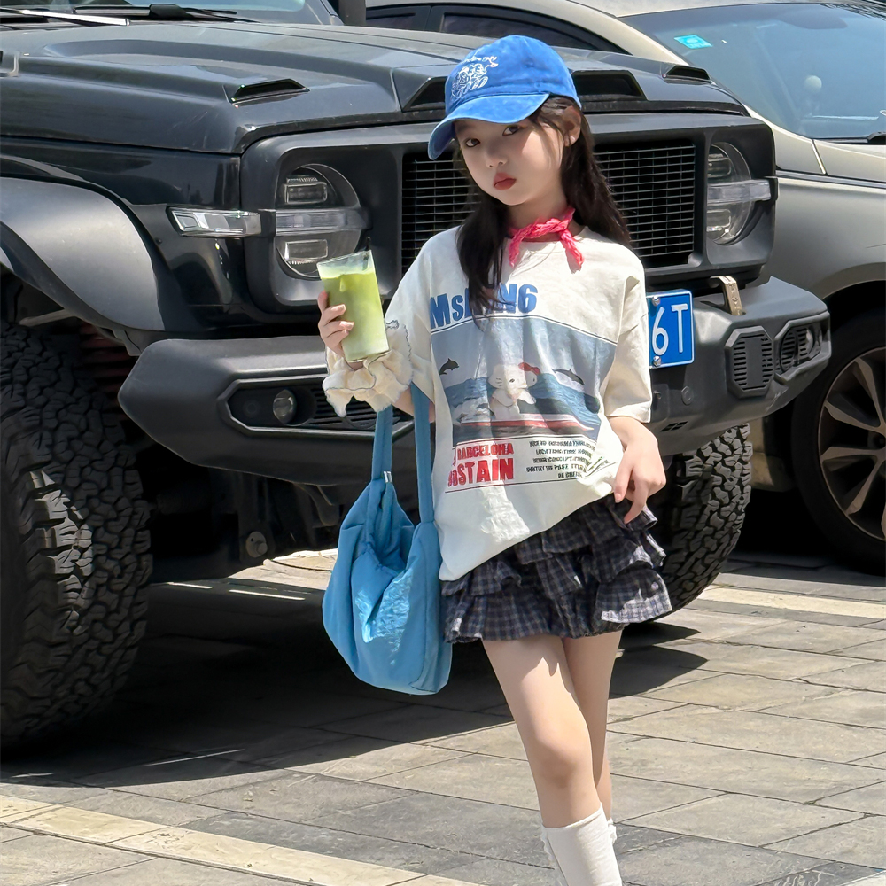 LJ-91867-TBBKids女童T恤2025夏季新款鲸鱼印花短袖纯棉透