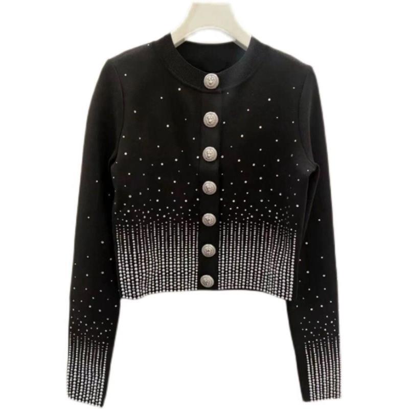 G法式小香风初秋定制虎头金属扣烫钻针织开衫外套4167
