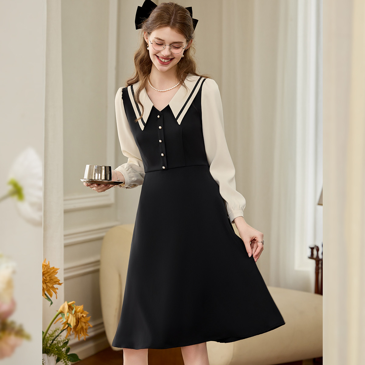 【小铃铛】白鹿语时尚翻领撞色拼接春秋款气质修身连衣裙ZBL20011